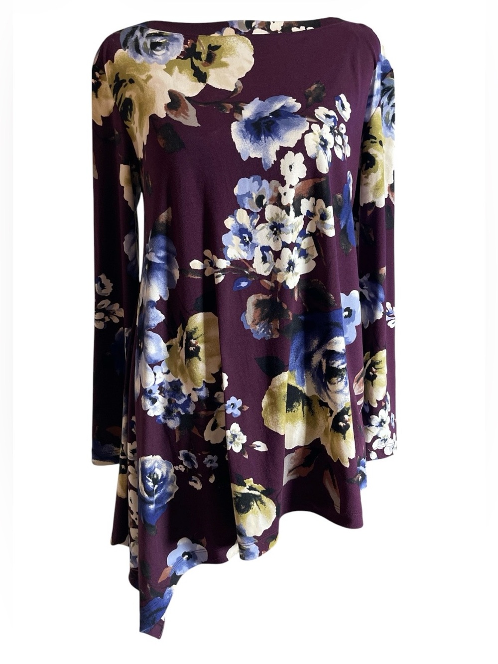 Agnes and Dora Asymmetrical Plum Floral Swing Bateau Neckline Tunic